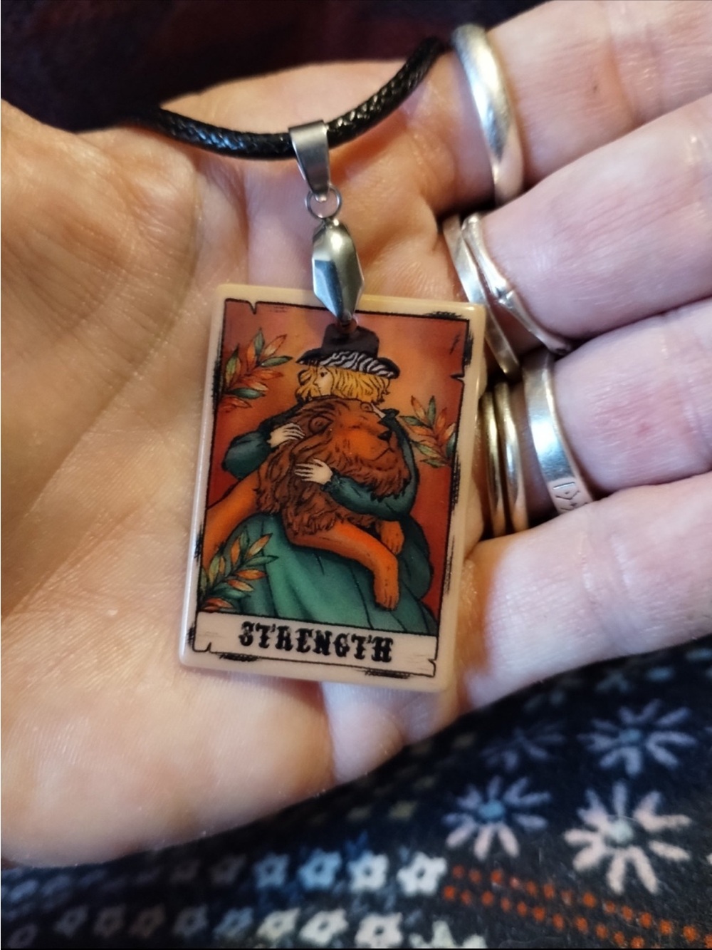 Strength Tarot Card Pendant Necklace - Orange & Teal